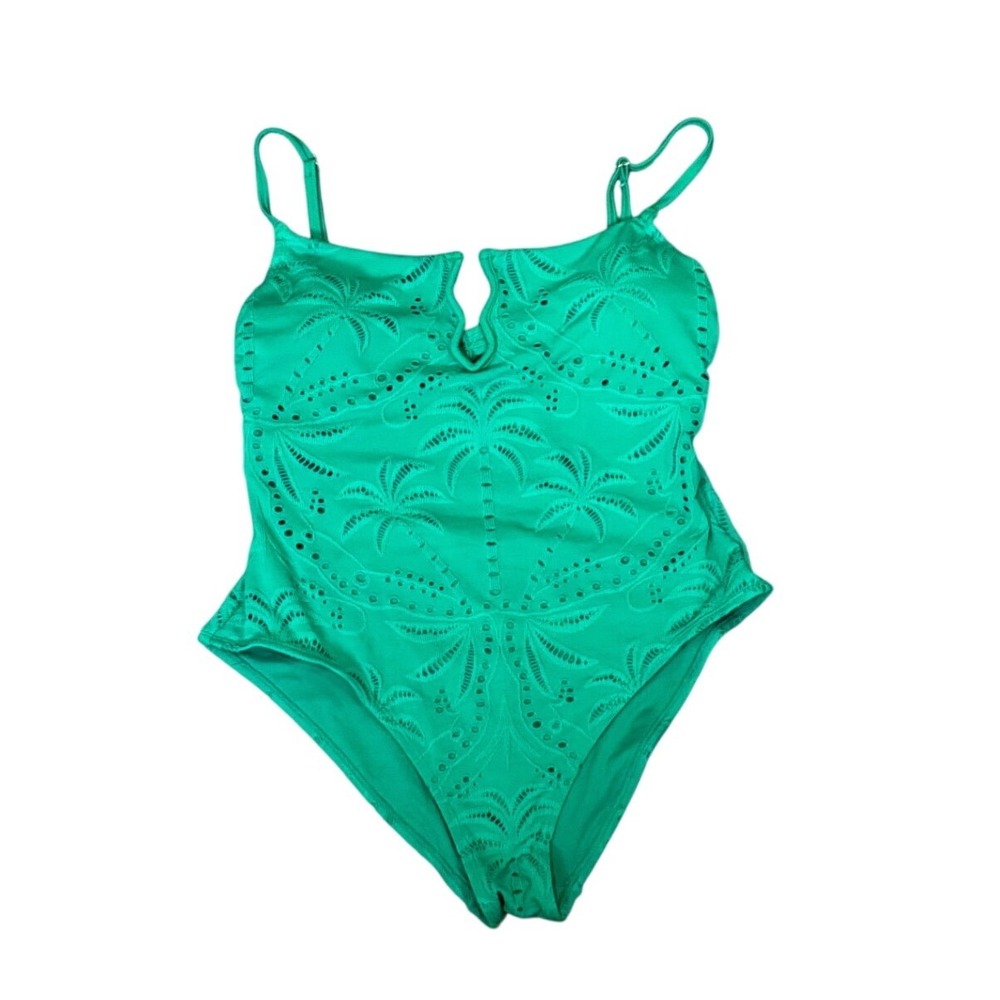 Time and Tru Green Palm Tree Eyelet One Piece Swimsuit V-Wire Cutout Large 12-14